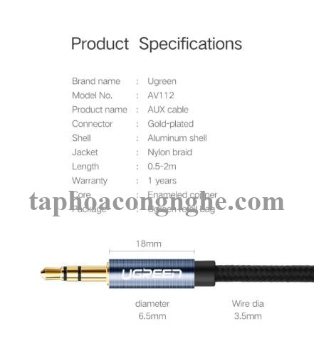 Ugreen 10684 0.5M màu Xanh Cáp âm thanh 2 đầu 3.5mm dương AV112 30010684